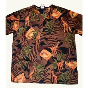 Silky Scrubs V-Neck Jungle Safari Giraffe Print Scrub Top M